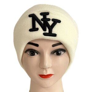 Embroidered NY Men Women Winter Knit Warm Fur lined Beanie Hat - Ivory/Black
